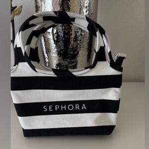 Sephora Black and White Striped Canvas Tote Makeup Bag